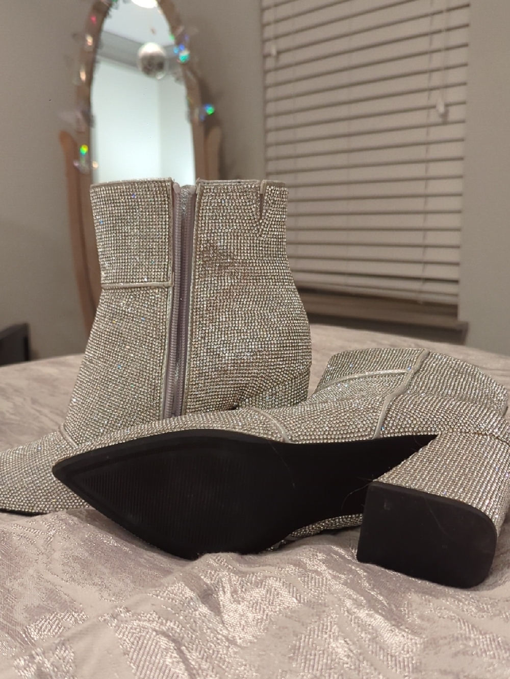 Sparkling Silver Women's Ankle Boots - Glitter Pointed Toe - Picture 3 of 3